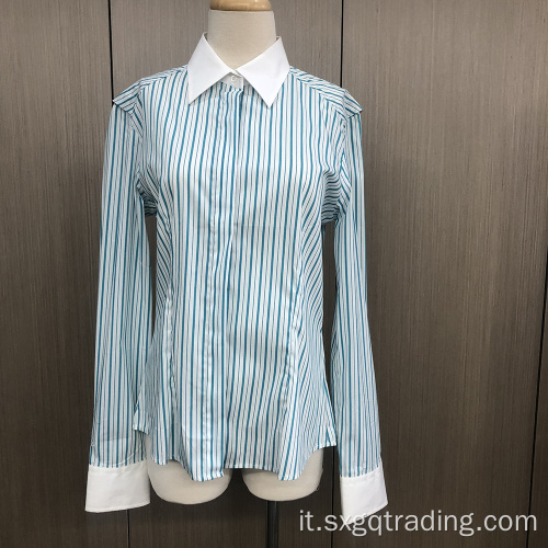 Camicia a maniche lunghe in spandex a righe tinto in filo femminile